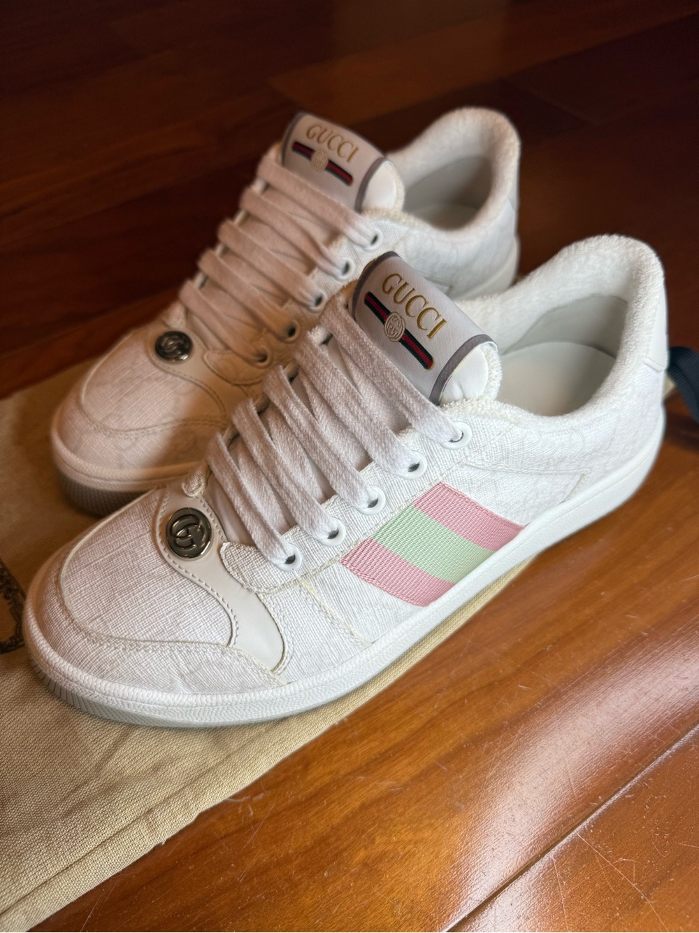 Gucci White Sneakers with Pink & Mint Web Stripe Size 5